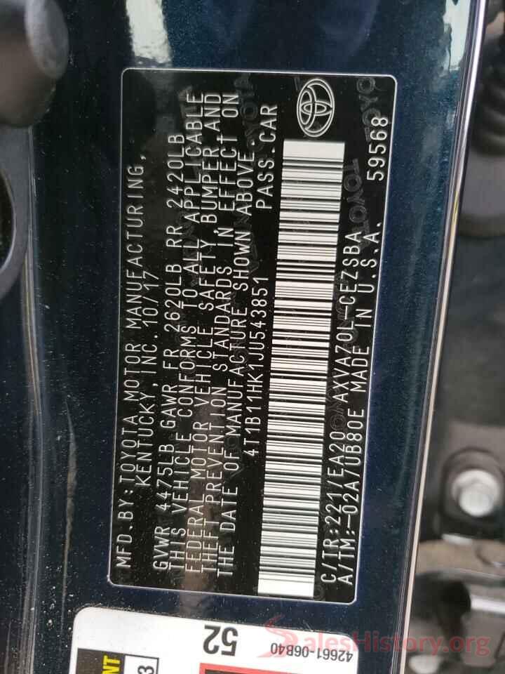 4T1B11HK1JU543851 2018 TOYOTA CAMRY