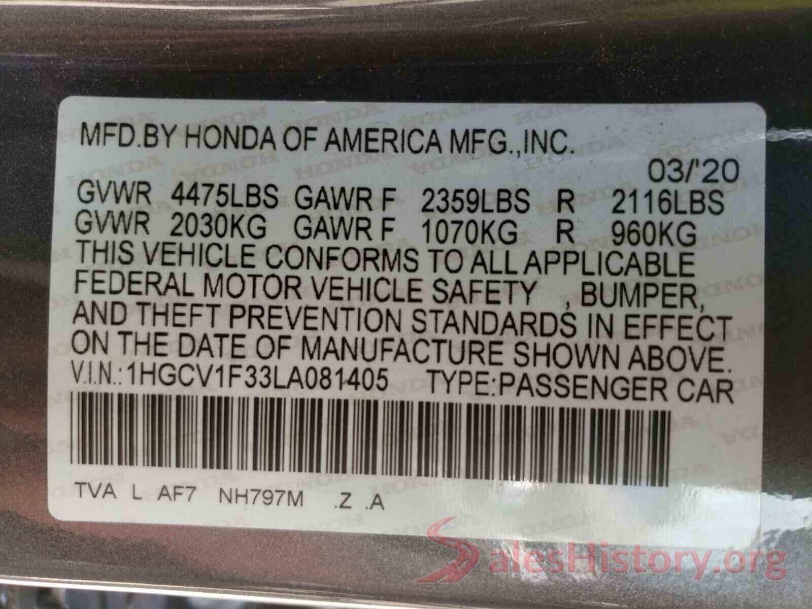 1HGCV1F33LA081405 2020 HONDA ACCORD