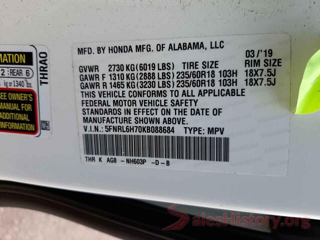 5FNRL6H70KB088684 2019 HONDA ODYSSEY