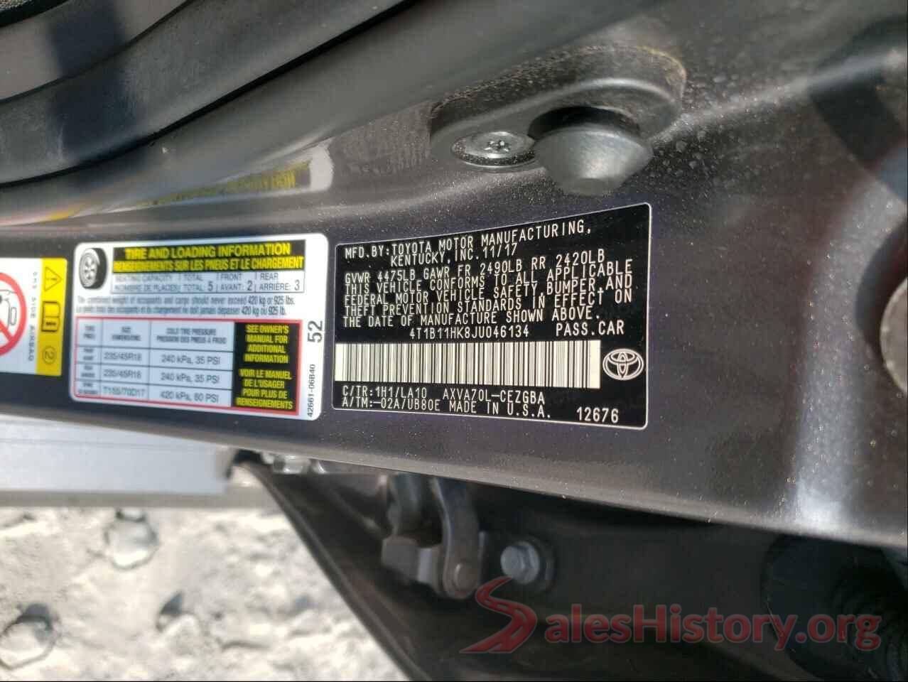 4T1B11HK8JU046134 2018 TOYOTA CAMRY