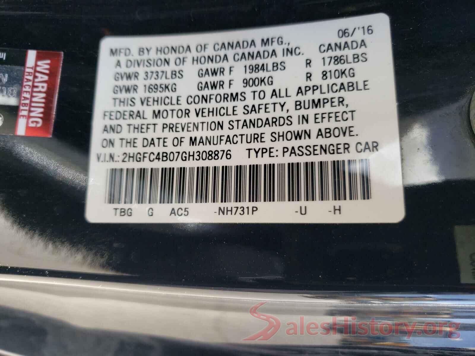 2HGFC4B07GH308876 2016 HONDA CIVIC