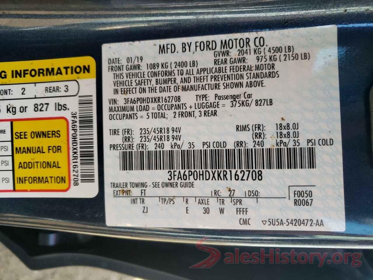 3FA6P0HDXKR162708 2019 FORD FUSION