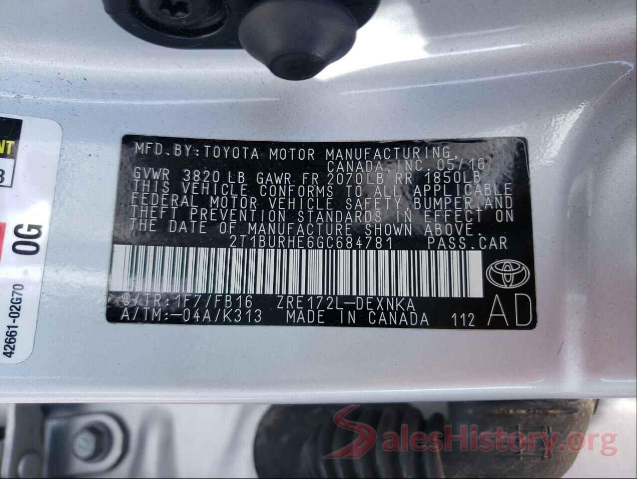 2T1BURHE6GC684781 2016 TOYOTA COROLLA