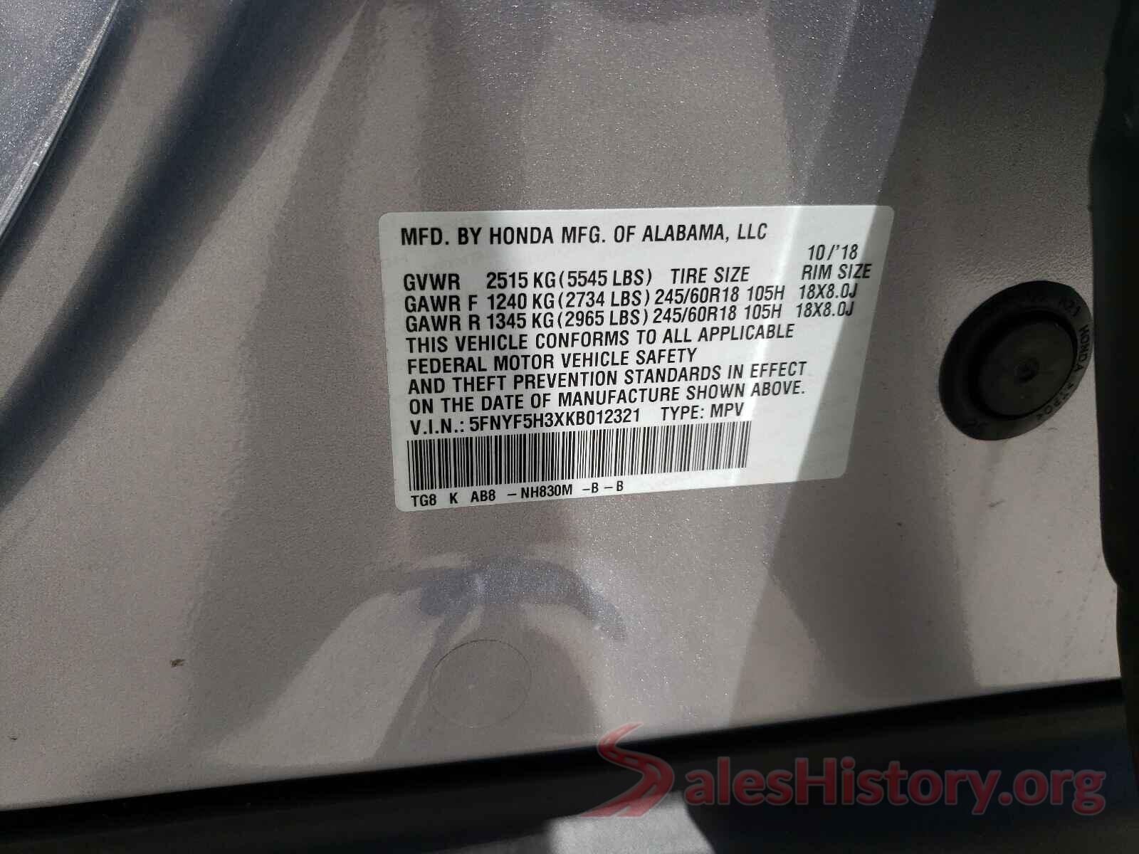 5FNYF5H3XKB012321 2019 HONDA PILOT