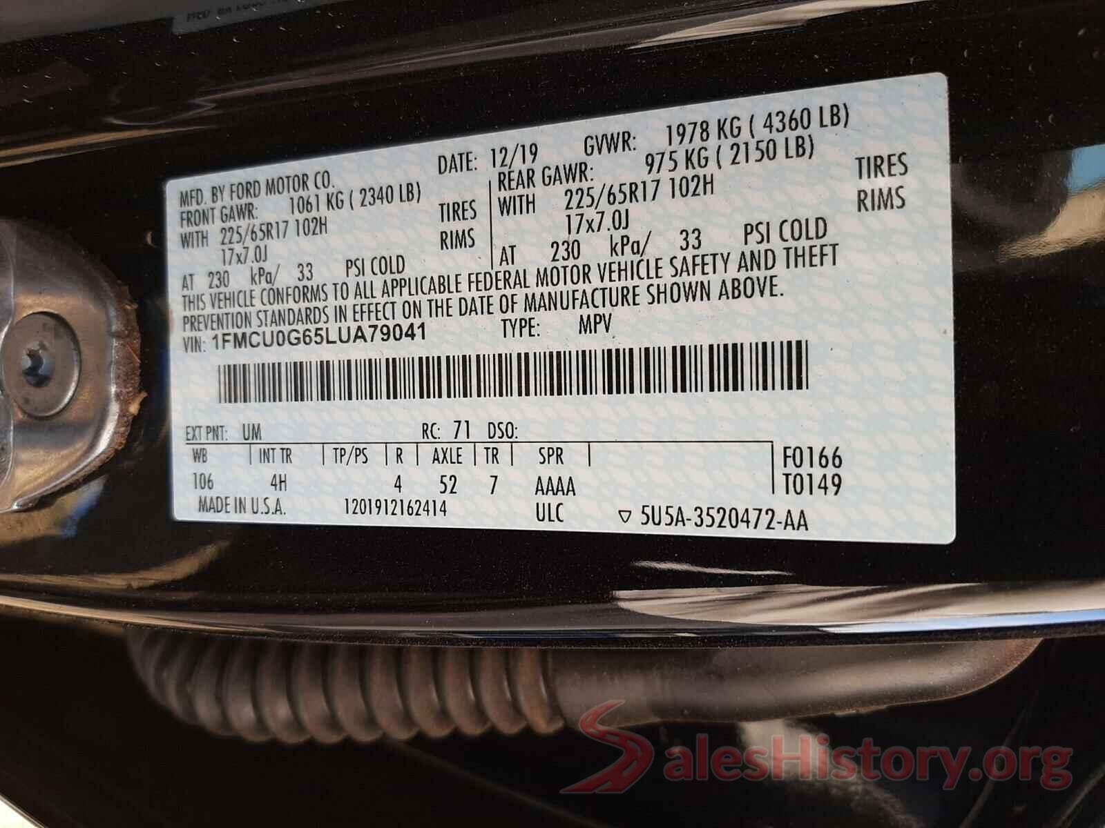 1FMCU0G65LUA79041 2020 FORD ESCAPE