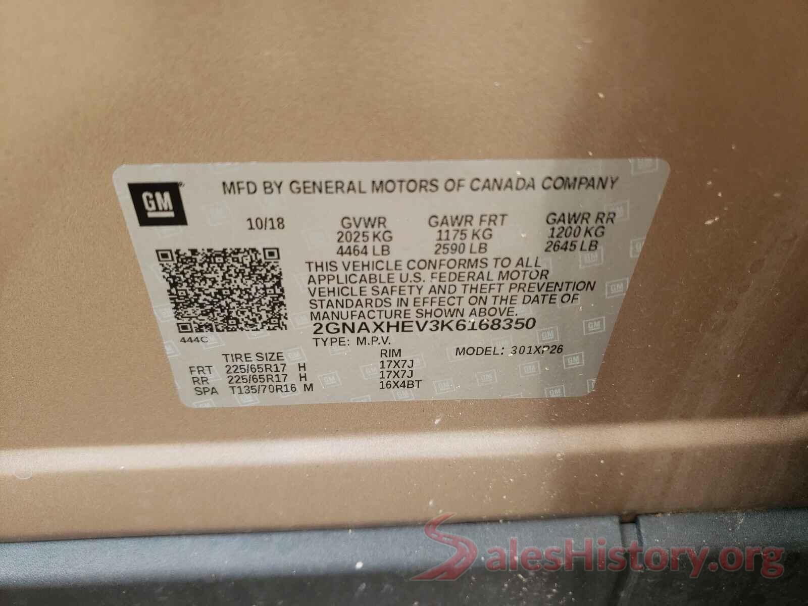 2GNAXHEV3K6168350 2019 CHEVROLET EQUINOX