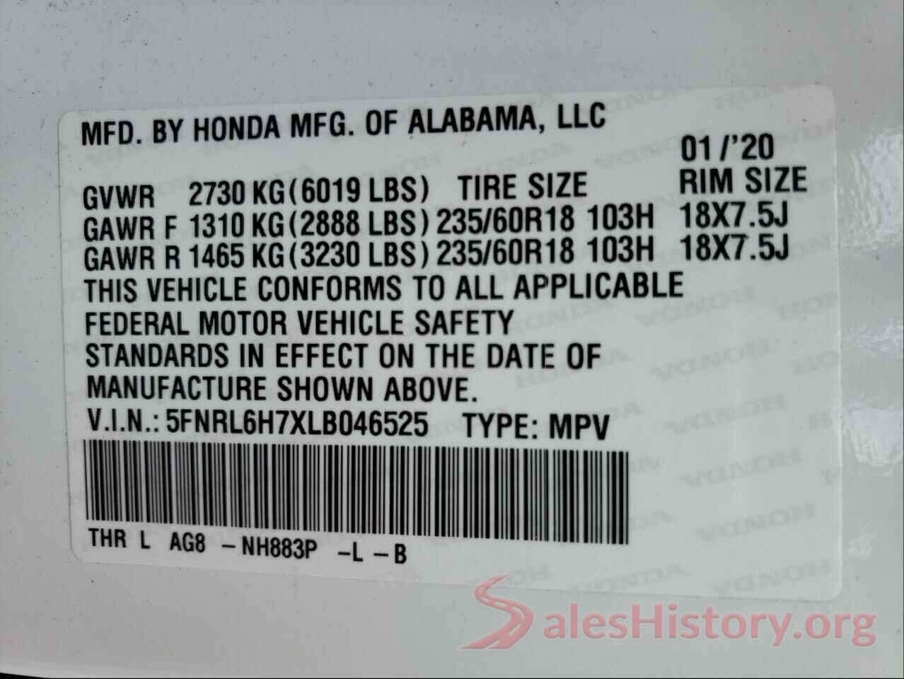 5FNRL6H7XLB046525 2020 HONDA ODYSSEY