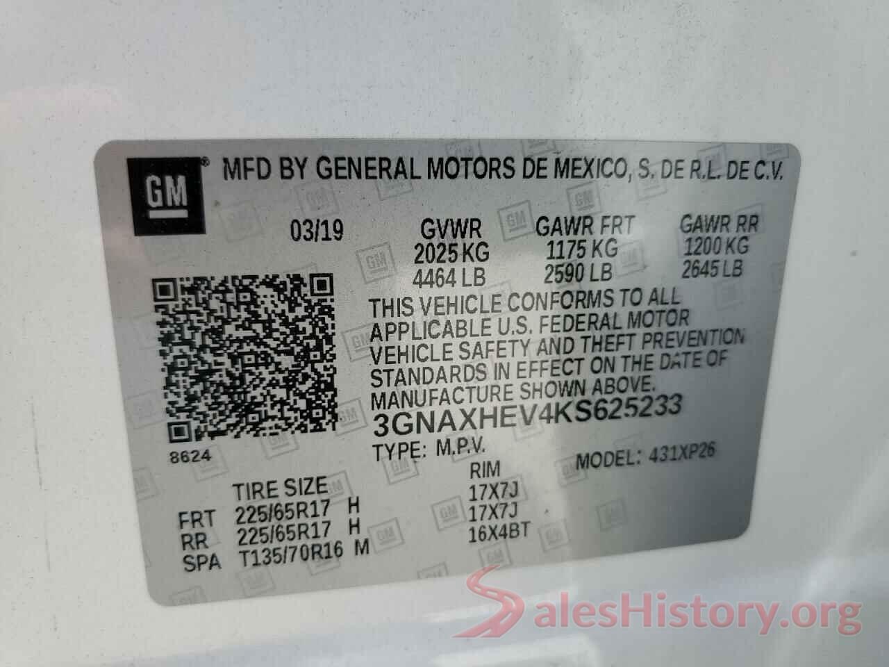 3GNAXHEV4KS625233 2019 CHEVROLET EQUINOX