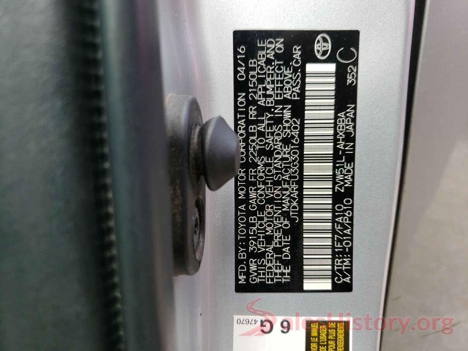 JTDKARFU3G3016402 2016 TOYOTA PRIUS