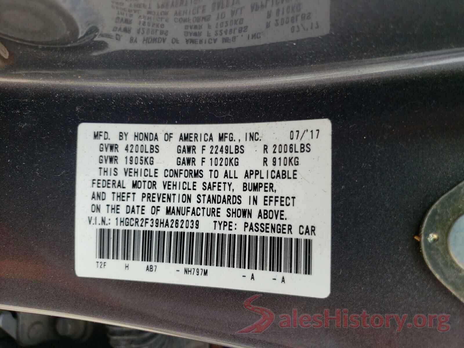 1HGCR2F39HA262039 2017 HONDA ACCORD