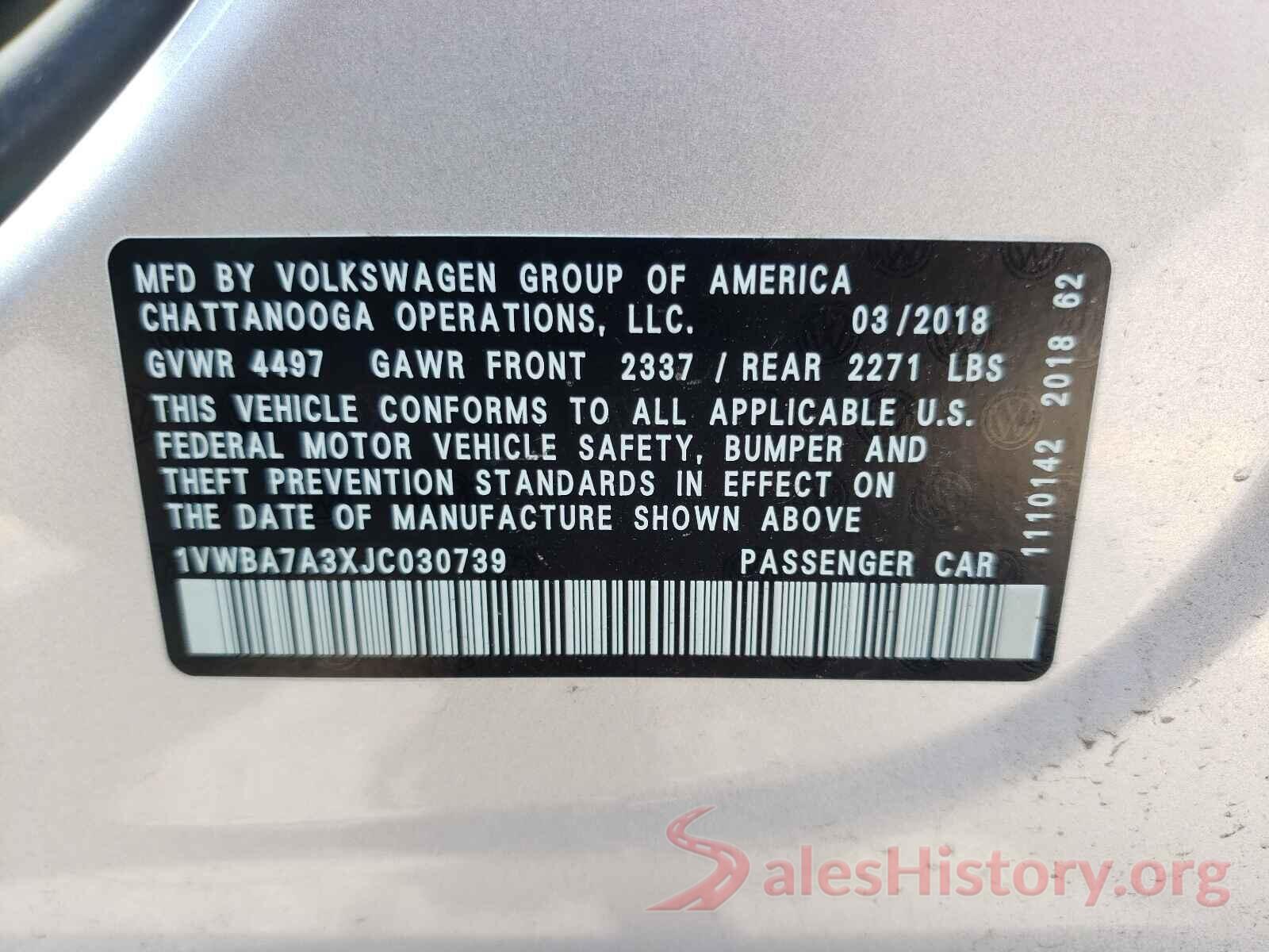 1VWBA7A3XJC030739 2018 VOLKSWAGEN PASSAT