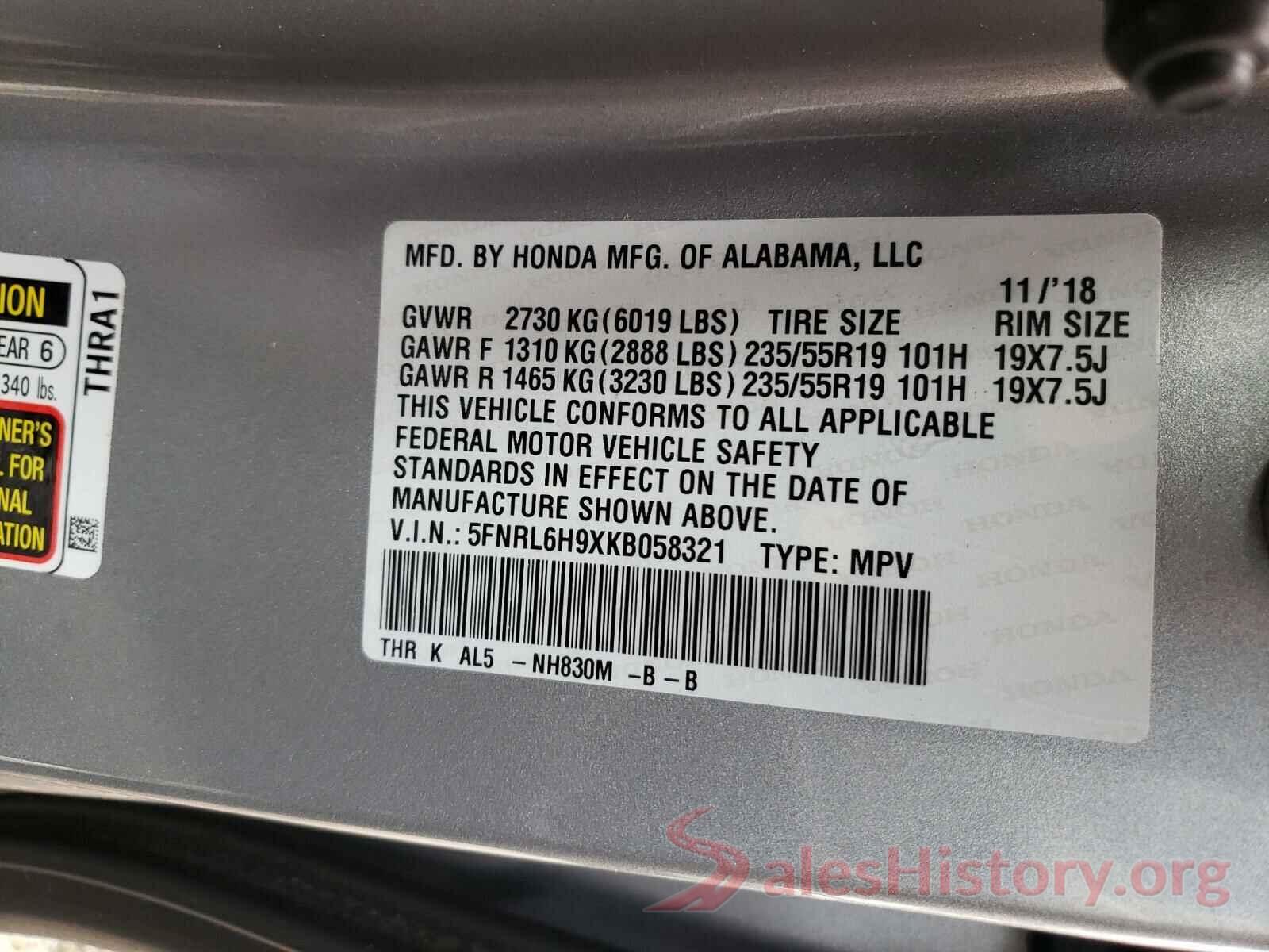 5FNRL6H9XKB058321 2019 HONDA ODYSSEY