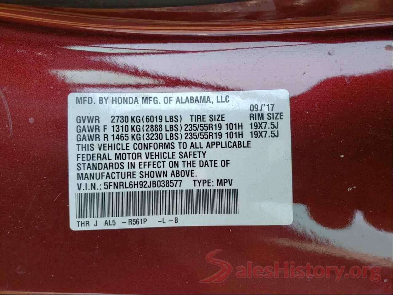 5FNRL6H92JB038577 2018 HONDA ODYSSEY