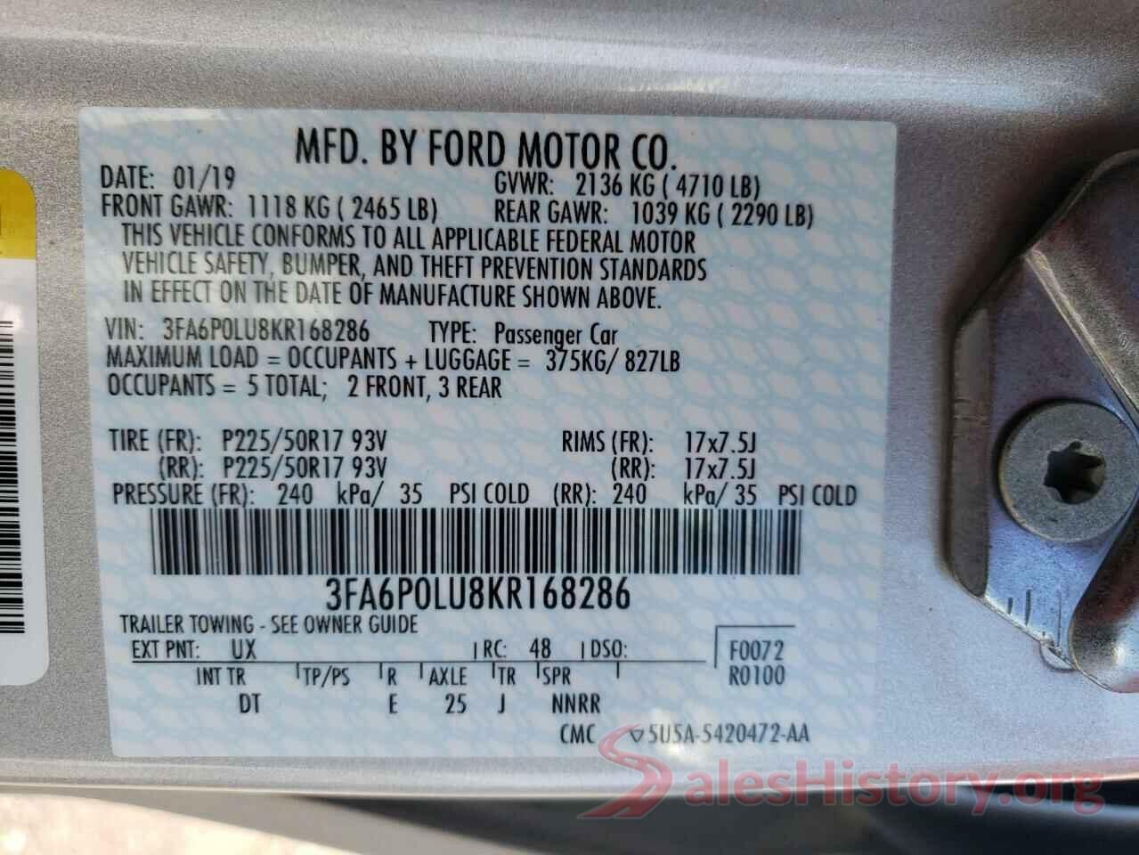 3FA6P0LU8KR168286 2019 FORD FUSION