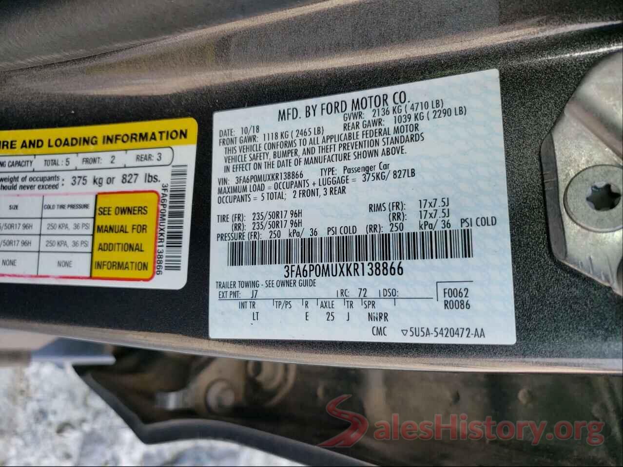 3FA6P0MUXKR138866 2019 FORD FUSION