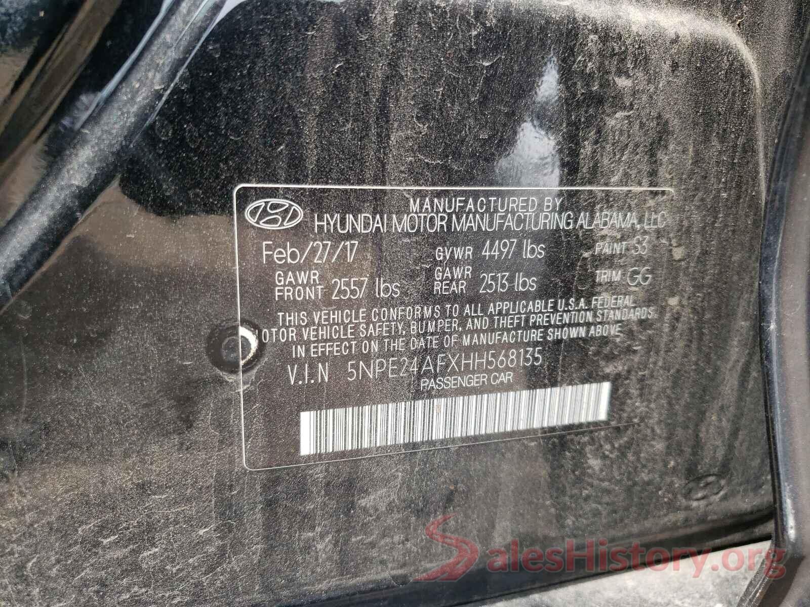 5NPE24AFXHH568135 2017 HYUNDAI SONATA