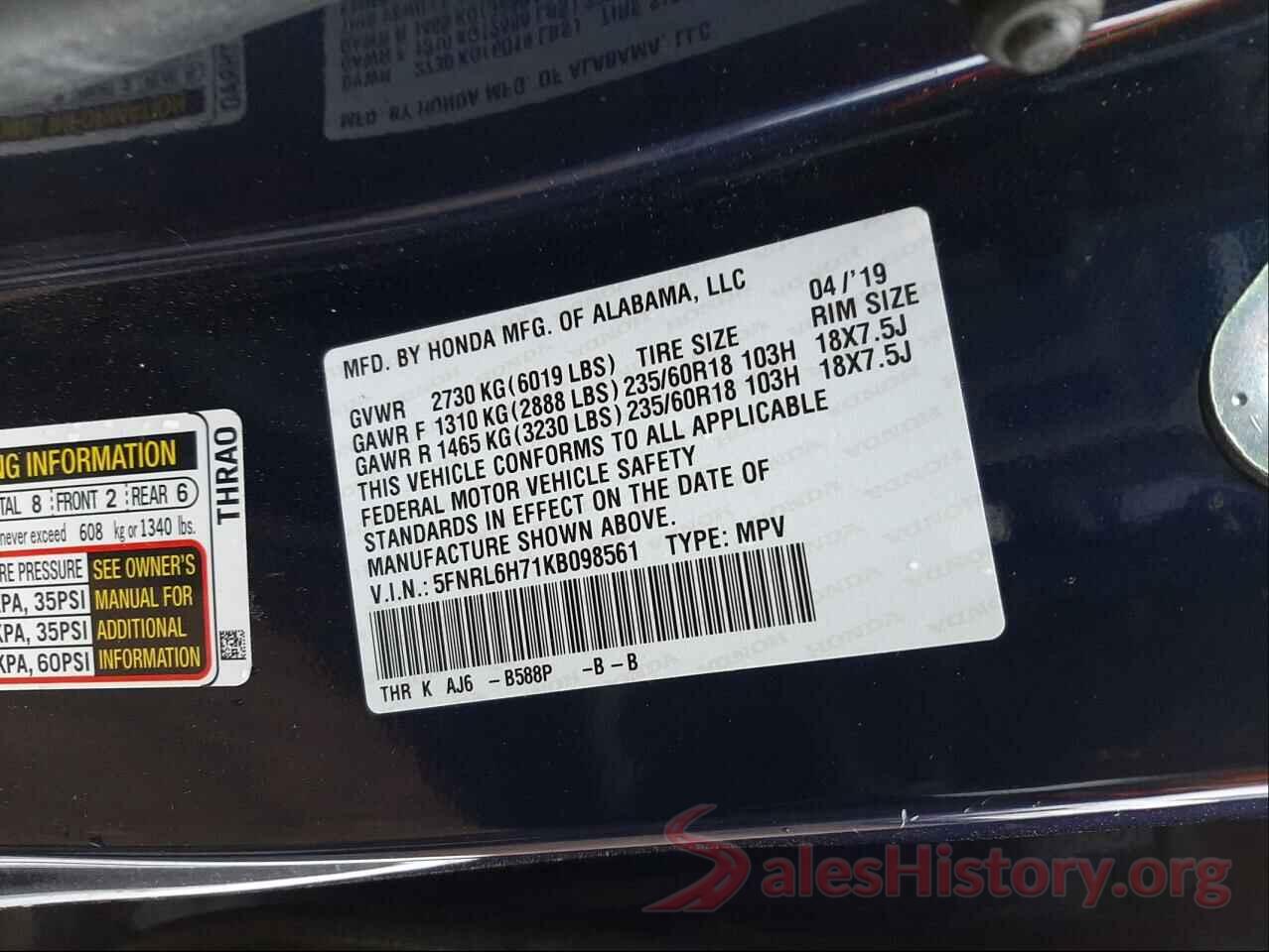 5FNRL6H71KB098561 2019 HONDA ODYSSEY