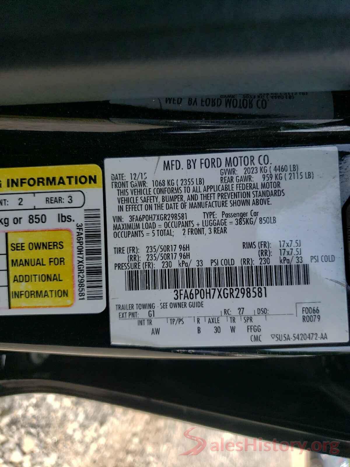 3FA6P0H7XGR298581 2016 FORD FUSION