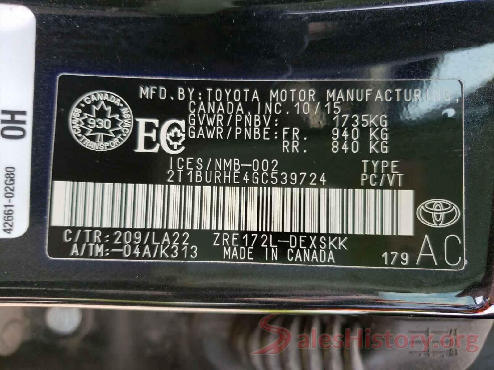 2T1BURHE4GC539724 2016 TOYOTA COROLLA