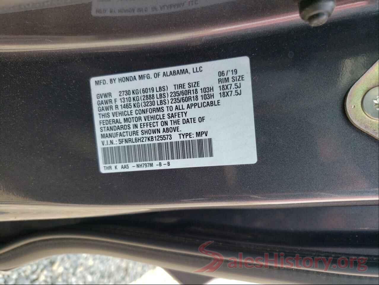 5FNRL6H27KB125573 2019 HONDA ODYSSEY