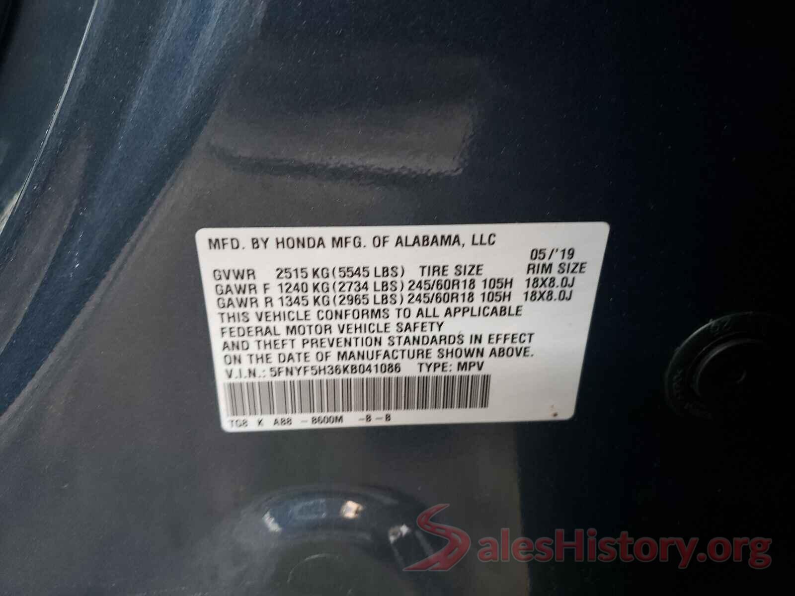 5FNYF5H36KB041086 2019 HONDA PILOT