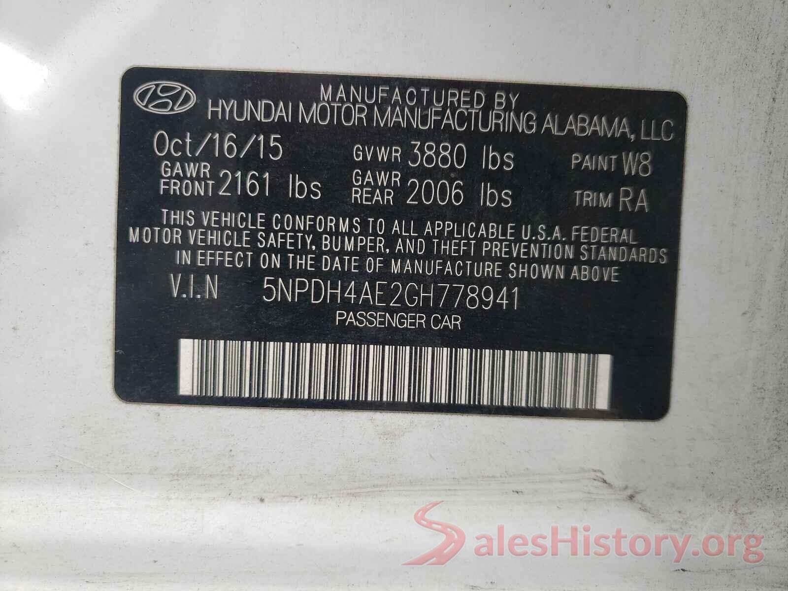 5NPDH4AE2GH778941 2016 HYUNDAI ELANTRA