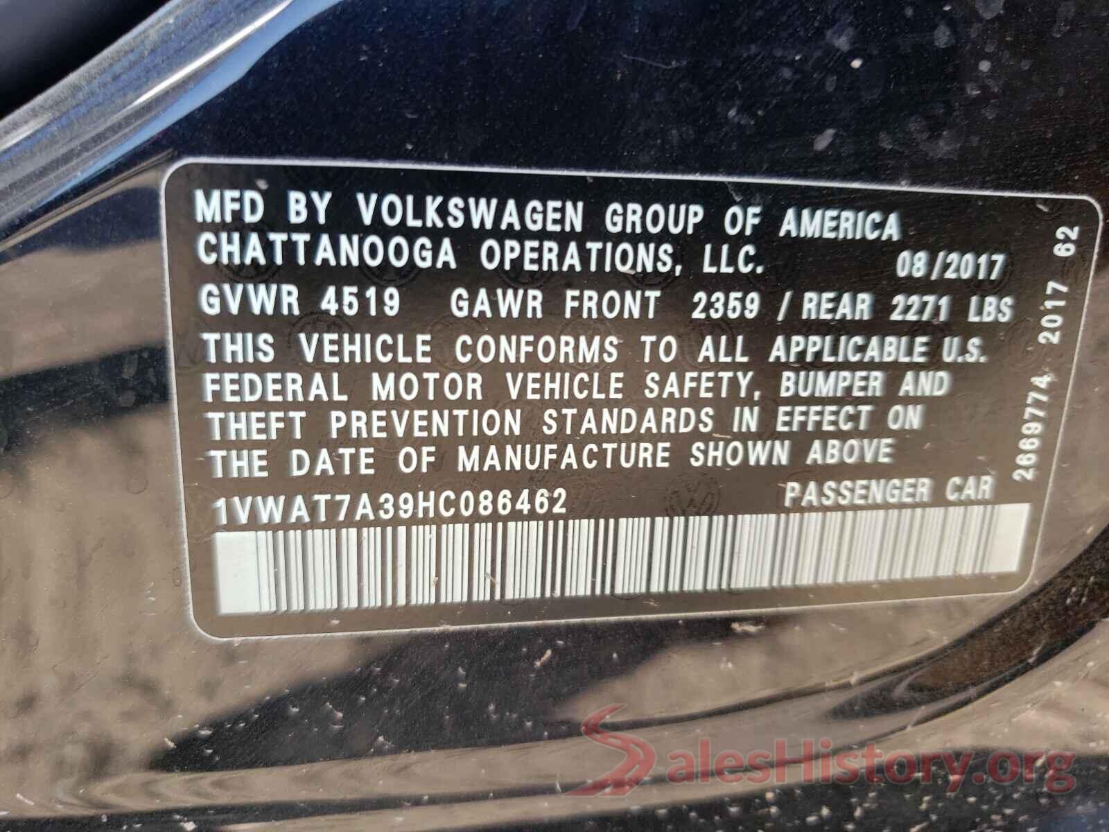 1VWAT7A39HC086462 2017 VOLKSWAGEN PASSAT