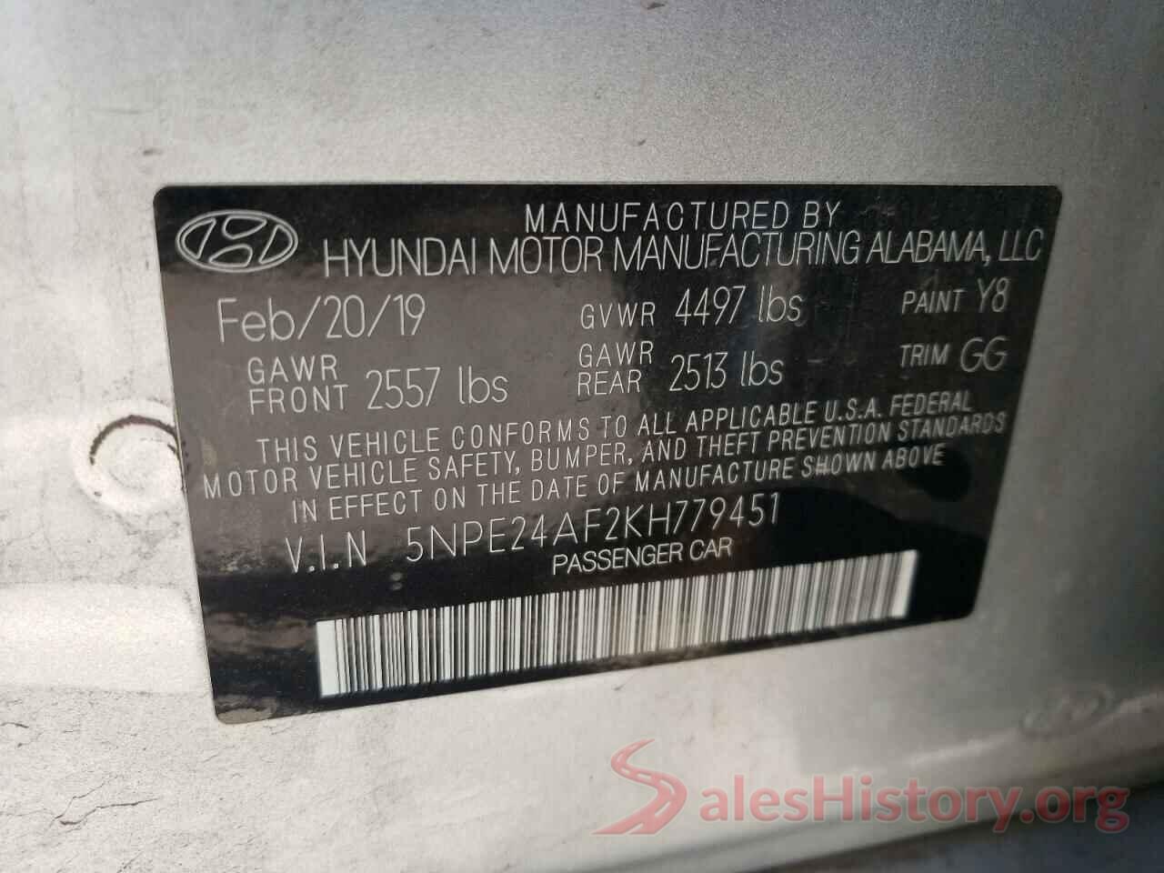 5NPE24AF2KH779451 2019 HYUNDAI SONATA