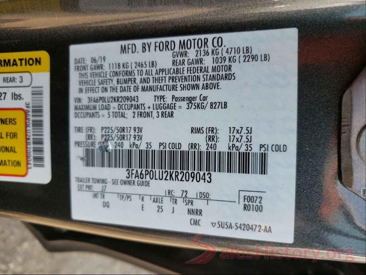 3FA6P0LU2KR209043 2019 FORD FUSION