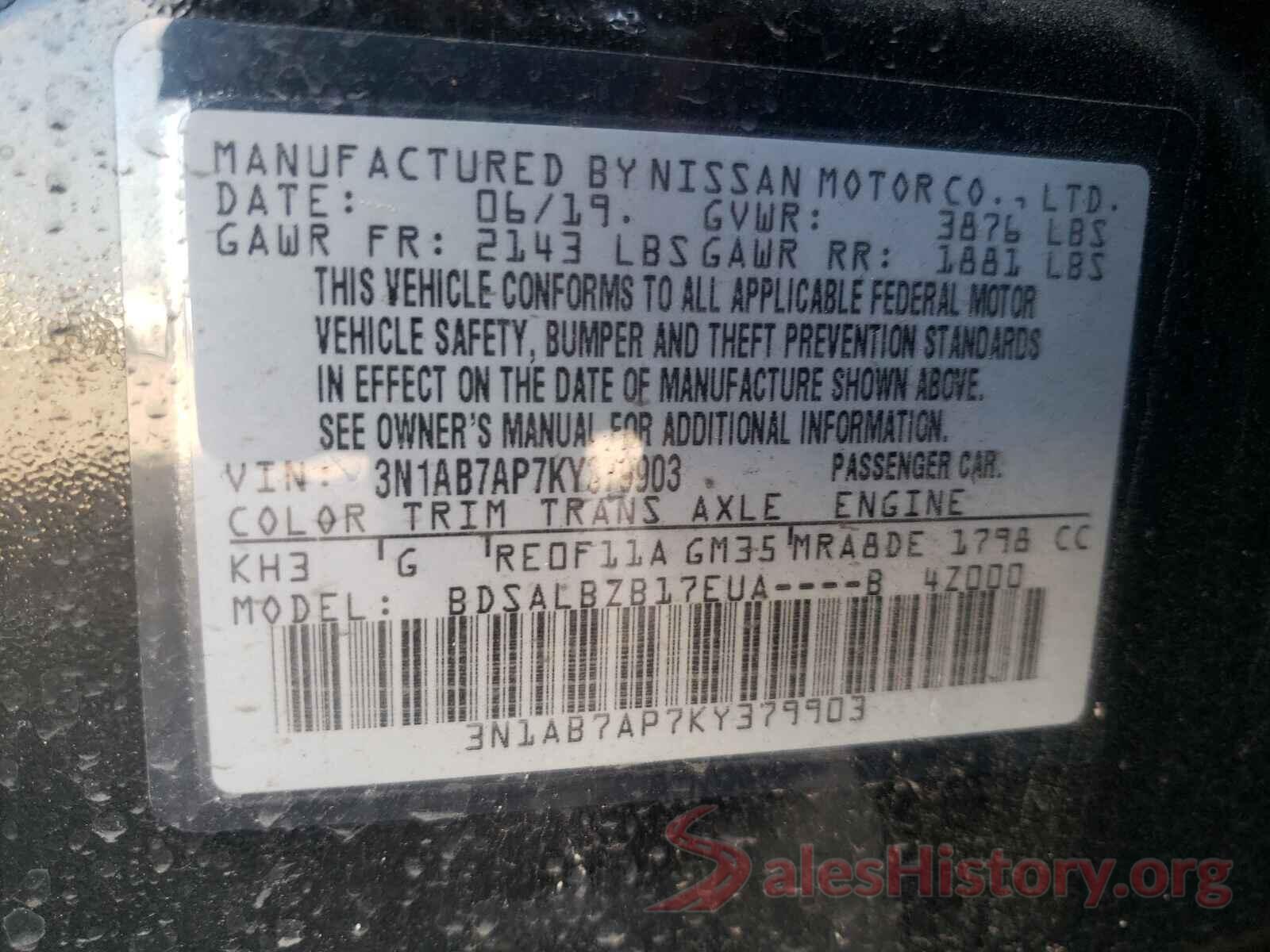 3N1AB7AP7KY379903 2019 NISSAN SENTRA