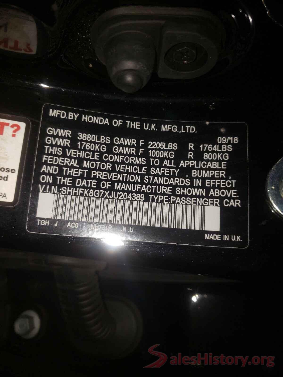 SHHFK8G7XJU204389 2018 HONDA CIVIC