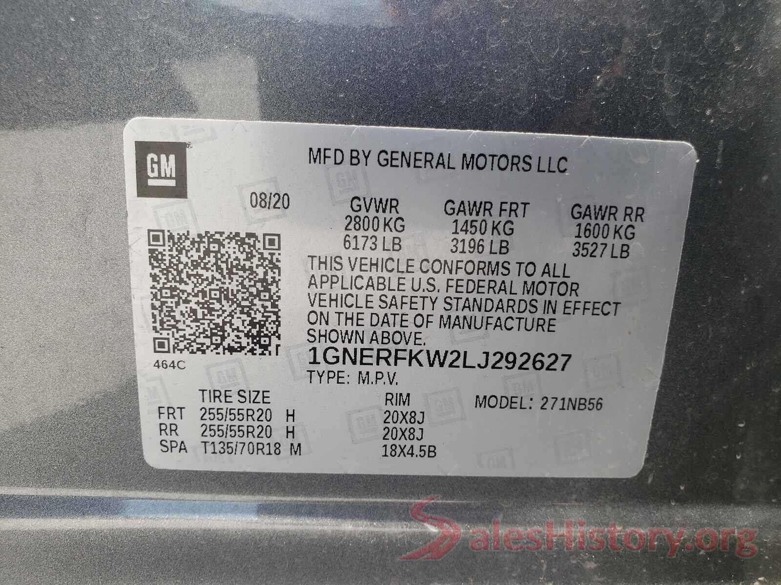 1GNERFKW2LJ292627 2020 CHEVROLET TRAVERSE