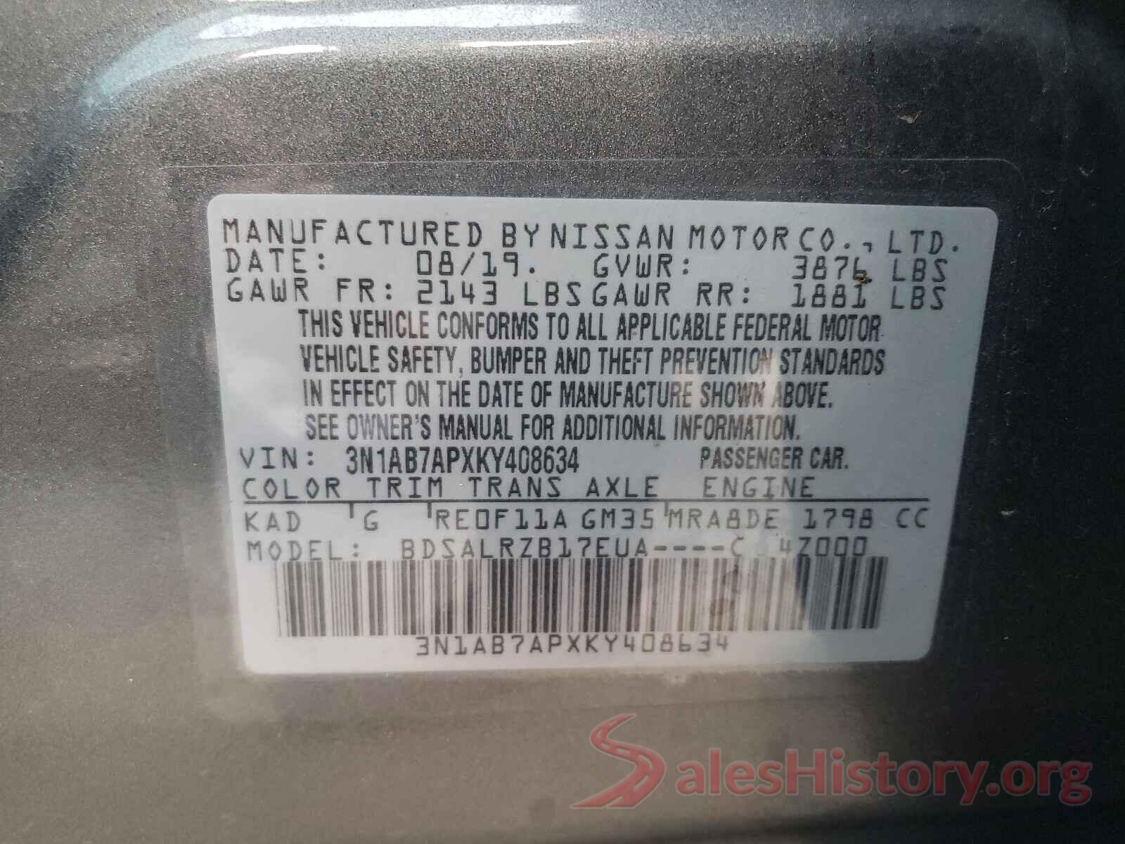 3N1AB7APXKY408634 2019 NISSAN SENTRA