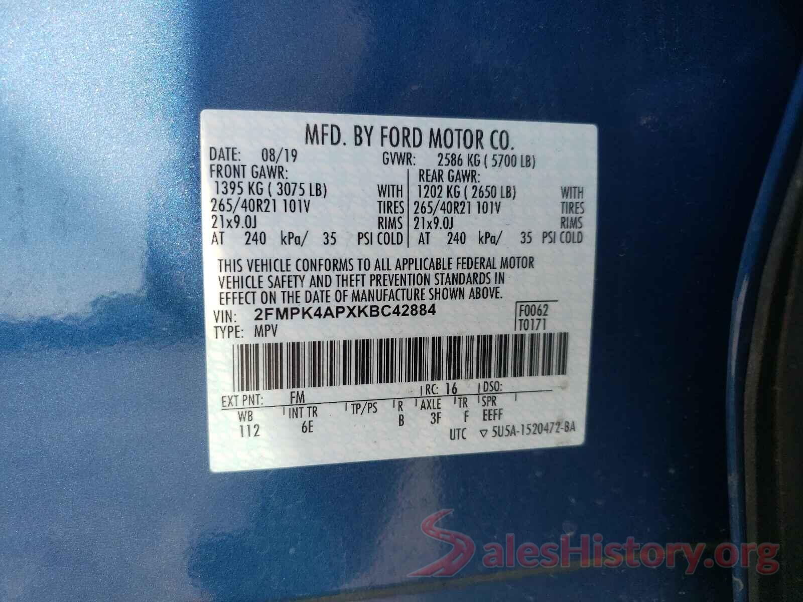 2FMPK4APXKBC42884 2019 FORD EDGE