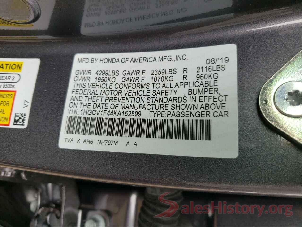 1HGCV1F44KA152599 2019 HONDA ACCORD