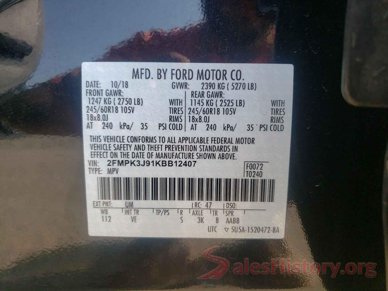 2FMPK3J91KBB12407 2019 FORD EDGE