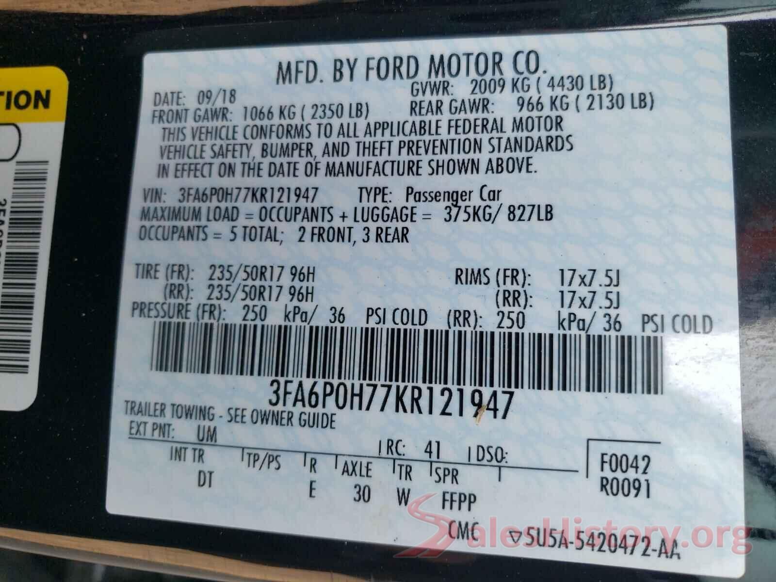 3FA6P0H77KR121947 2019 FORD FUSION