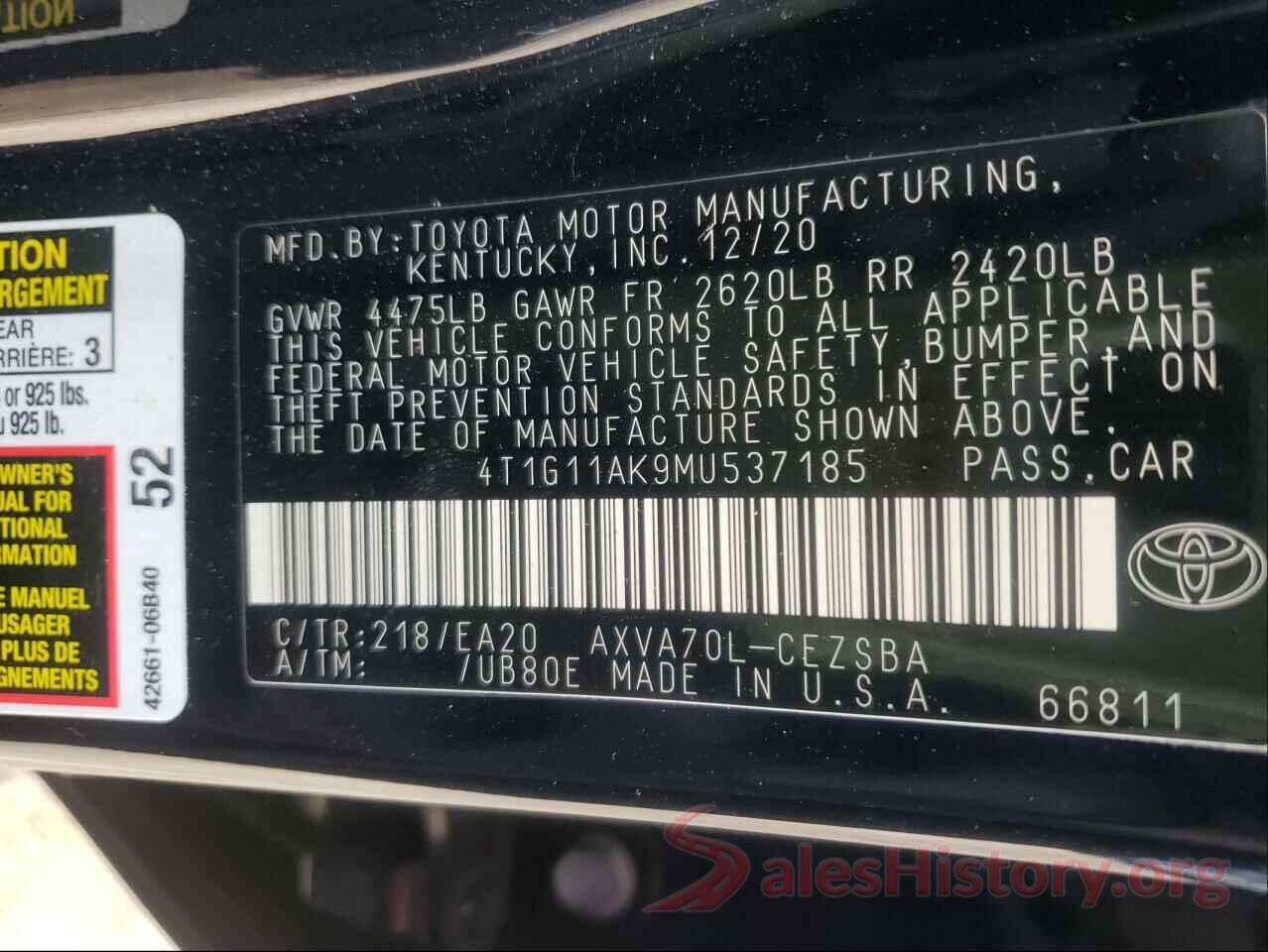 4T1G11AK9MU537185 2021 TOYOTA CAMRY