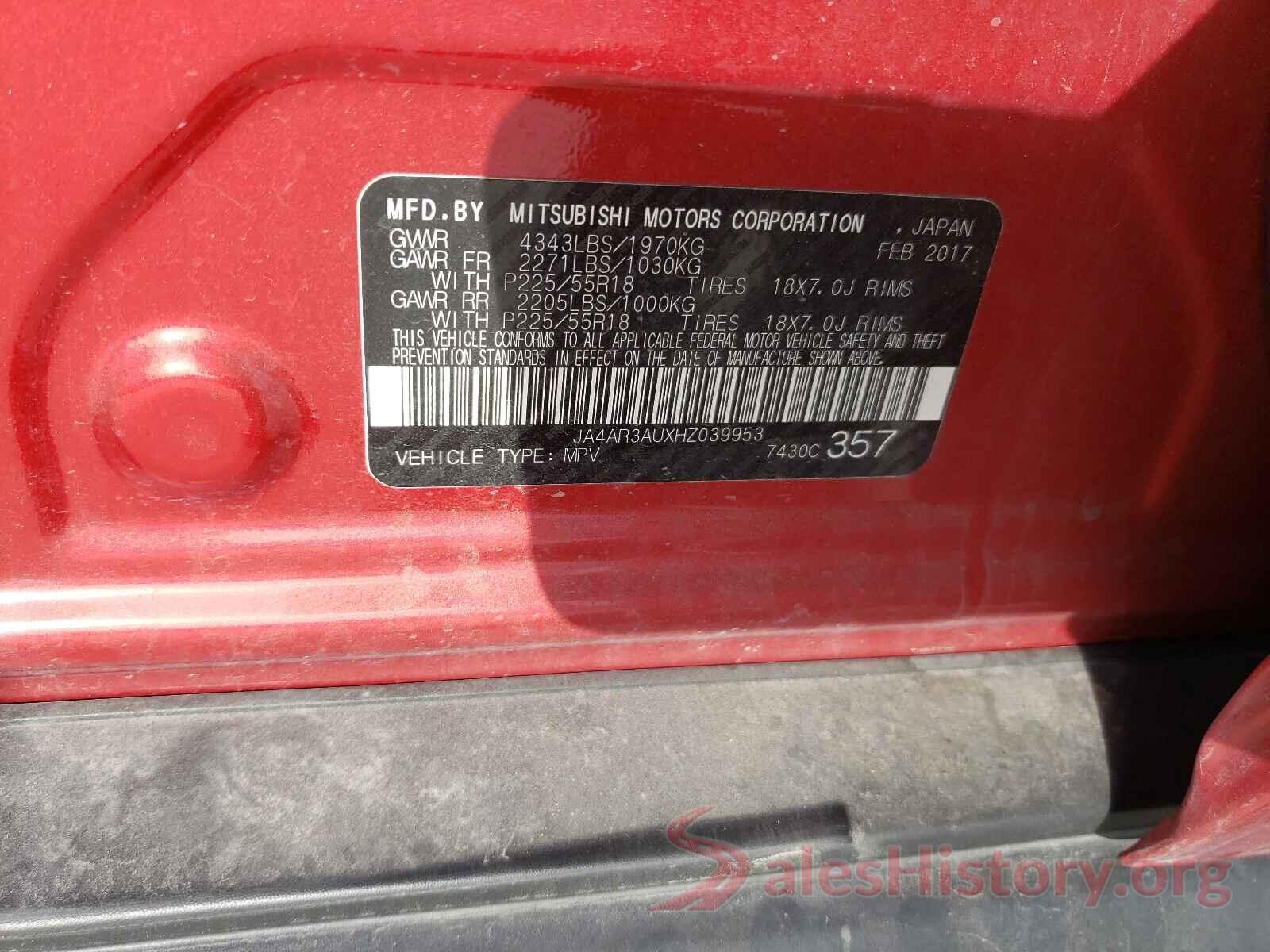 JA4AR3AUXHZ039953 2017 MITSUBISHI OUTLANDER