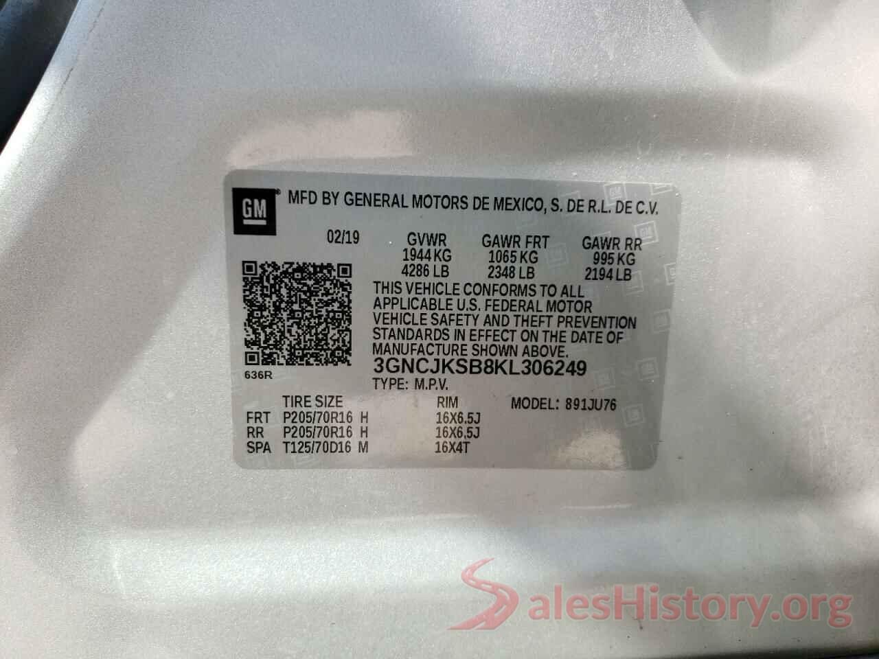 3GNCJKSB8KL306249 2019 CHEVROLET TRAX