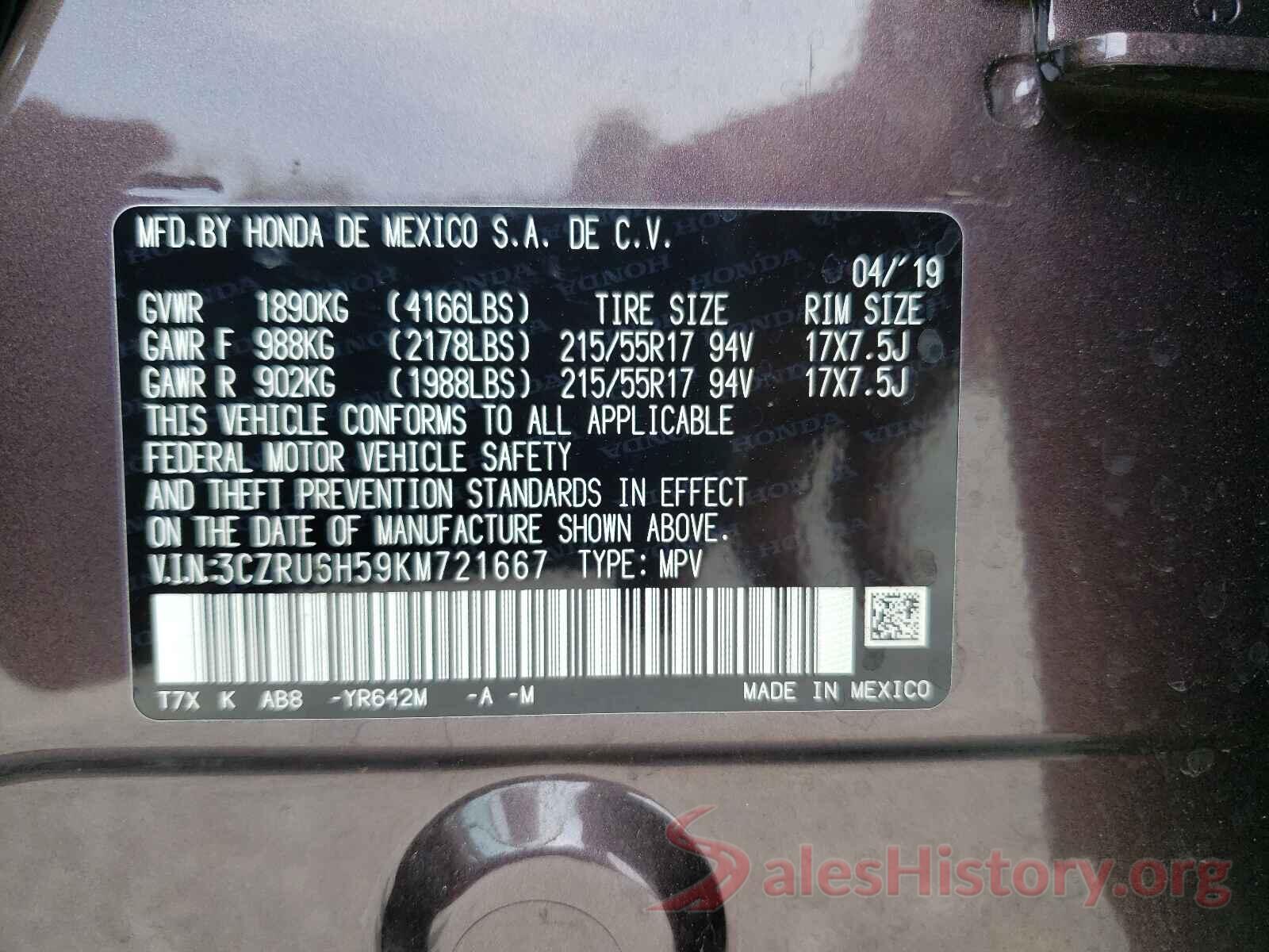 3CZRU6H59KM721667 2019 HONDA HR-V