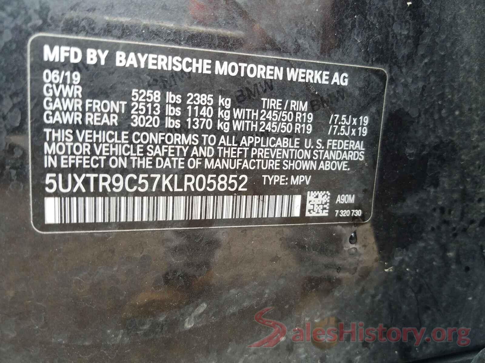 5UXTR9C57KLR05852 2019 BMW X3