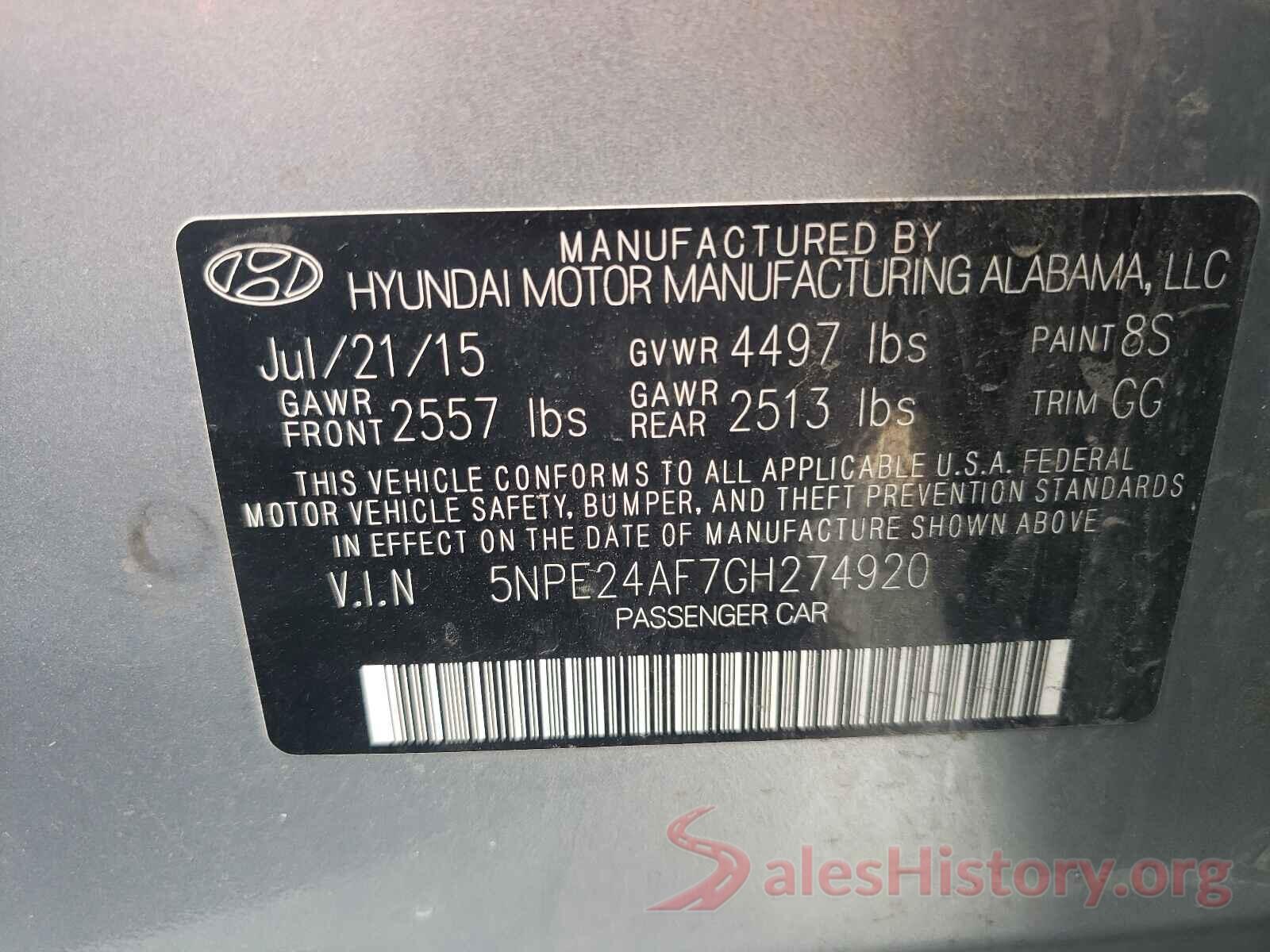 5NPE24AF7GH274920 2016 HYUNDAI SONATA