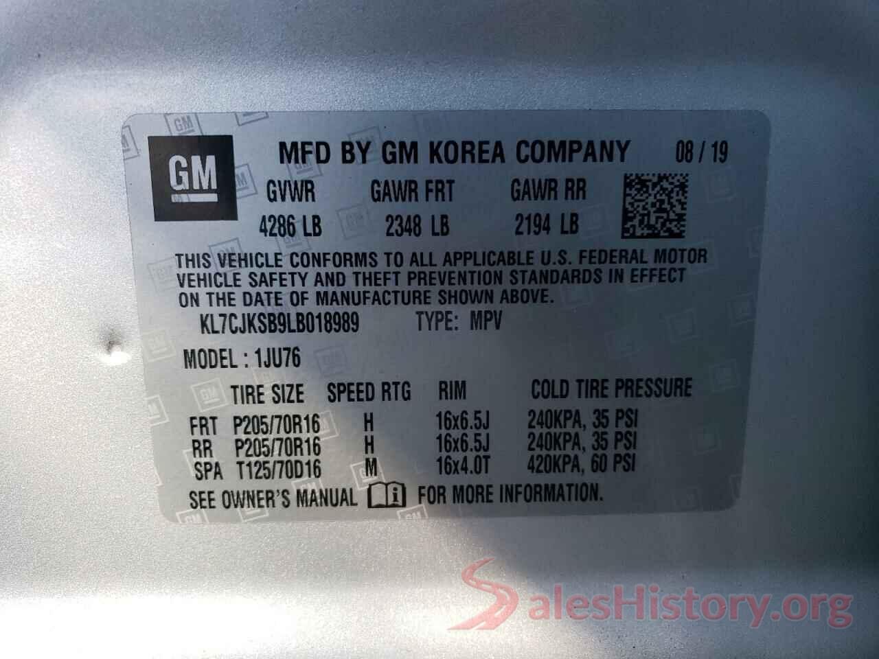 KL7CJKSB9LB018989 2020 CHEVROLET TRAX