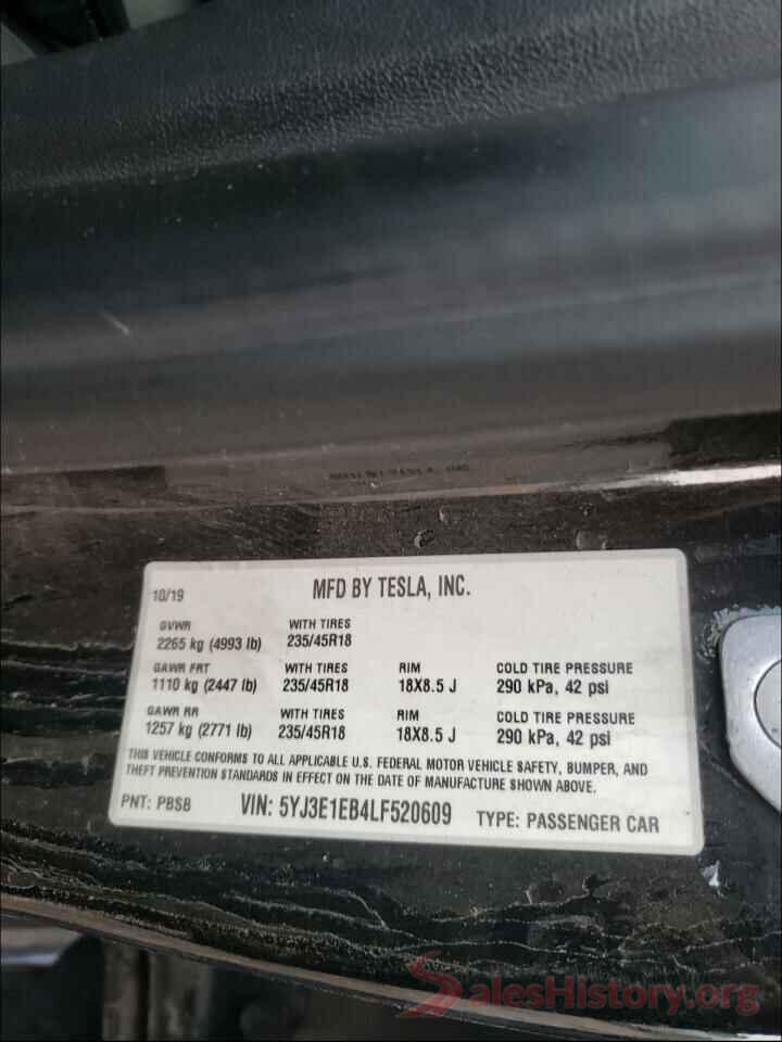 5YJ3E1EB4LF520609 2020 TESLA MODEL 3