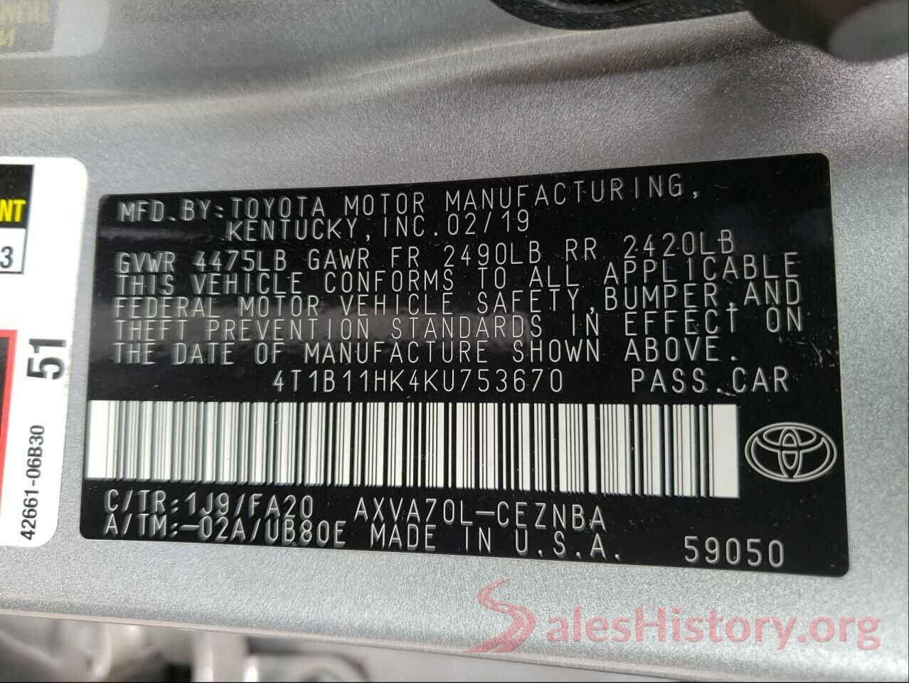 4T1B11HK4KU753670 2019 TOYOTA CAMRY