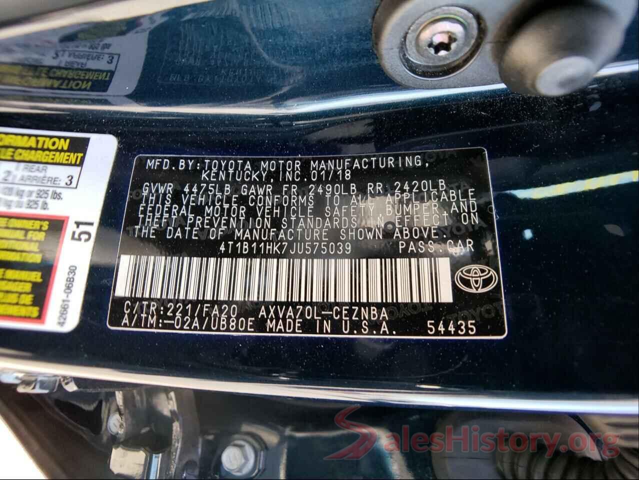 4T1B11HK7JU575039 2018 TOYOTA CAMRY