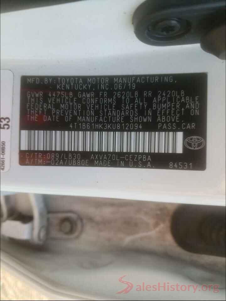 4T1B61HK3KU812094 2019 TOYOTA CAMRY