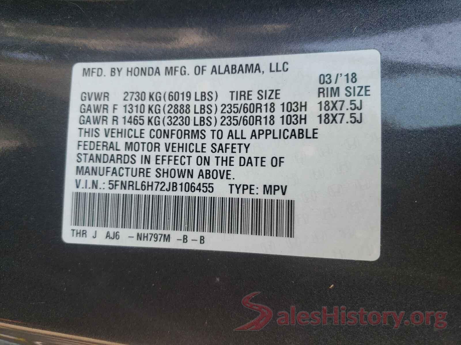 5FNRL6H72JB106455 2018 HONDA ODYSSEY