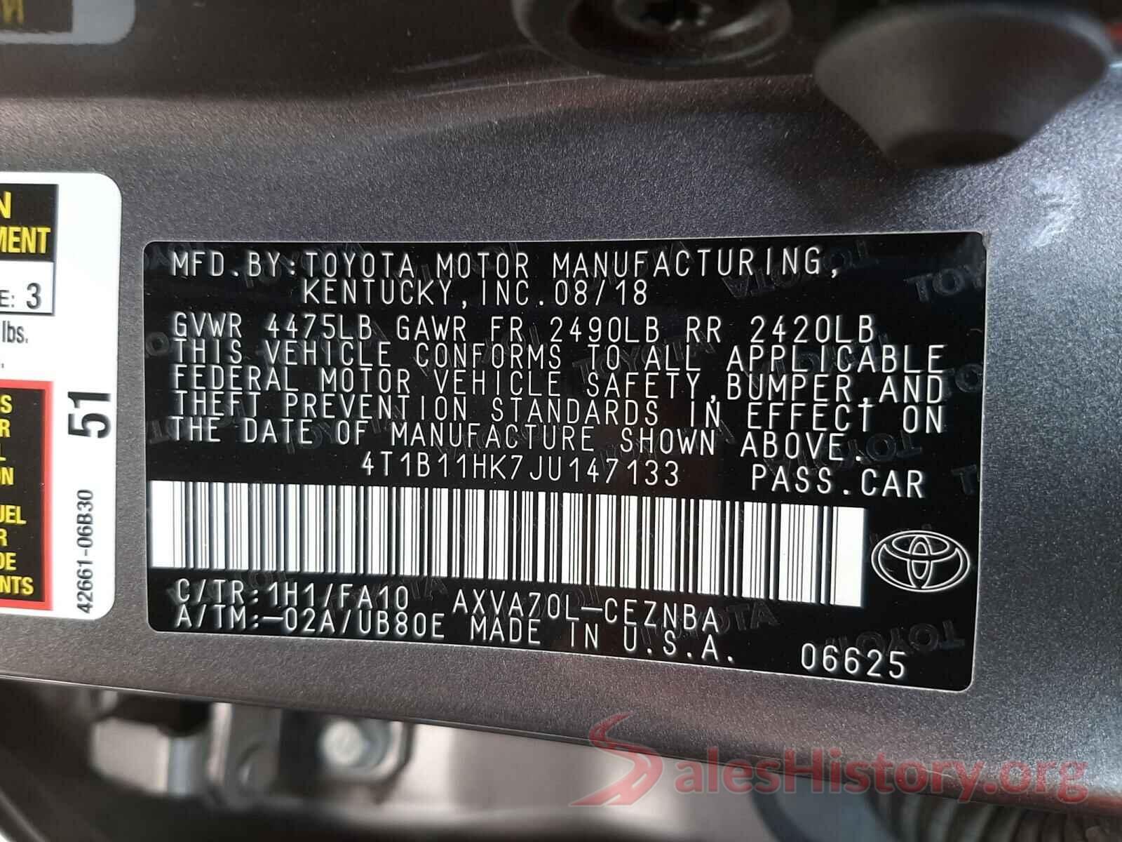 4T1B11HK7JU147133 2018 TOYOTA CAMRY